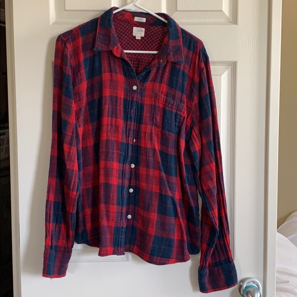 J Crew Red/Navy Blue Plaid Boy Fit Flannel Shirt